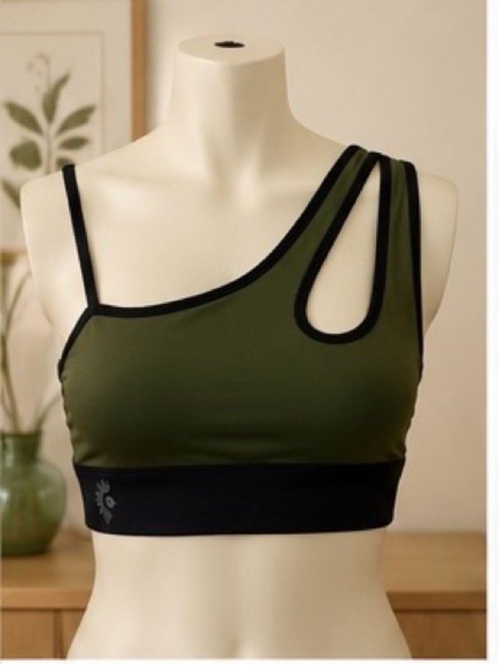 Citrine Glow Olive Green Asymmetrical Cutout Sports Bra Size S